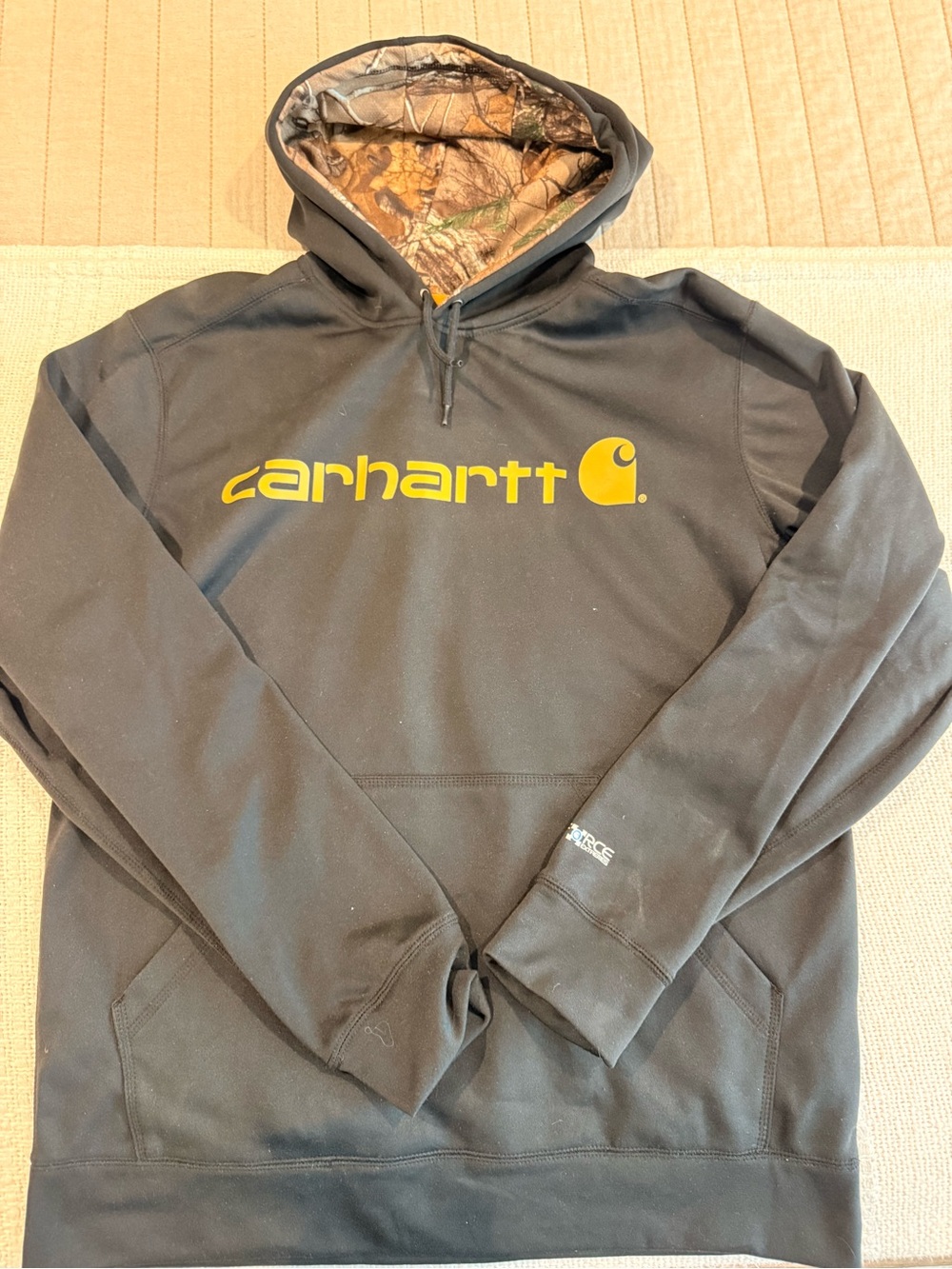 Carhartt Black Hoodie with Yellow Logo and Camo Hood Lining